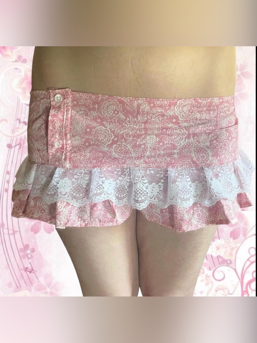 Handmade Pink Paisley Lace Ruffle Mini Skirt